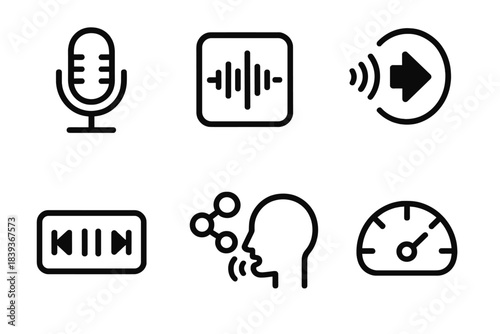 Voice Media Icons. Voice-Driven Media Frameworks linear set: microphone icon, audio waveform tile, voice command arrow, playback control panel, speech recognition node, interaction