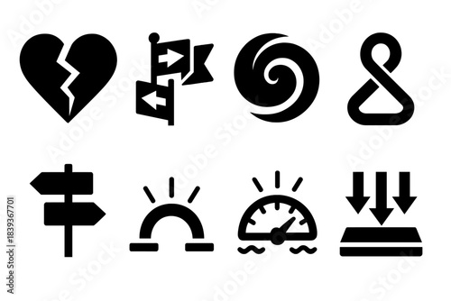 Intrapersonal Struggle Icons. Intrapersonal struggle motifs silhouette set: split-heart emblem, contradictory idea flags, internal storm swirl, resistance knot, double-direction