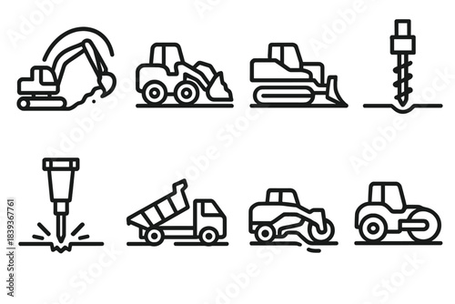 Construction Equipment Icons. Earthmoving Operation Actions linear set: trench dig arc, loader scoop, dozer grade line, auger drill turn, breaker impact point, haul tip icon,