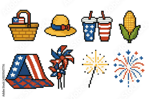 Independence Day Icons. Independence Day Family Moments Outdoors set of icons in flat pixel vector style: picnic basket, sun hat, shared soda cups, corn-on-the-cob, blanket fort,