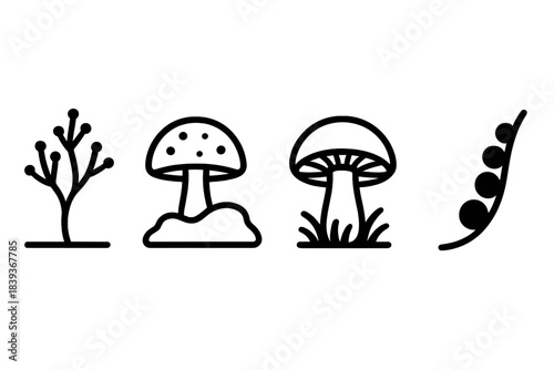 Fungal Morphology Icons. Fungal Morphology Variants linear set: branching hypha plume, resilient myco-layer, growth-shift bead.