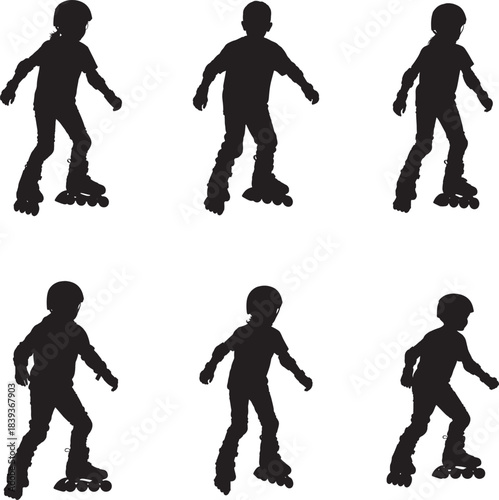 Collection of silhouettes of children on roller skates in various poses