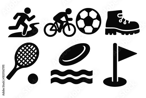 Bold Outdoor Sports Icons. Outdoor Sports Activities Set silhouette set: running trail icon, cycling silhouette, soccer ball, hiking boots, tennis racket, swimming waves, frisbee
