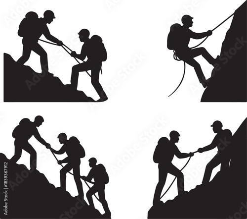 Mountain climber silhouettes, hiking teamwork icons, adventure sport design