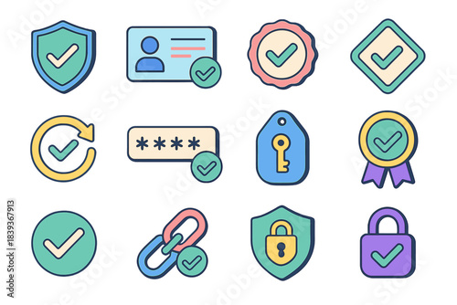 Identity Verification Icons. Identity Verification Icons isometric flat set: trust check, ID compare card, stamped seal, authenticity mark, validation arrow, passcode field,
