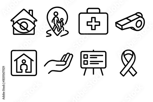 Community Safety Icons. Community Protection Actions linear set: neighborhood watch icon, safe path marker, preparedness kit, communication whistle, shelter sign, support hand,