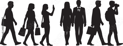 People silhouettes walking, shopping and taking photos, business man and woman figures isolated on white background