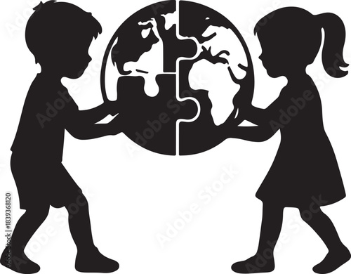  silhouette of a boy and a girl putting together a puzzle to form a world