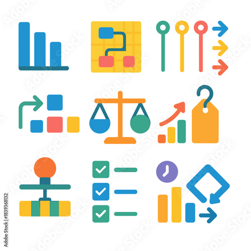 Lean Process Icons. Lean Workflow Optimization Icons flat set: takt time bar, process lane grid, visual control markers, flow arrows, simplified steps, load balance scale,