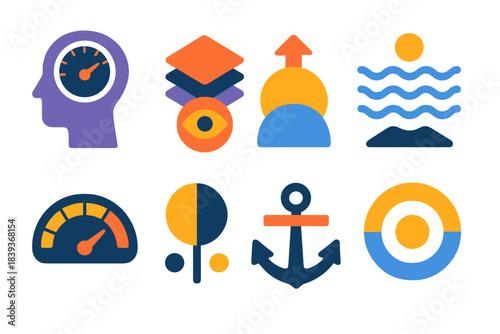 Cognitive Load Icons. Cognitive Load Insight Set flat set: thought-pressure gauge, layered-task stack, hidden workload emblem, overwhelm ripple bar, mental-capacity dial, attention