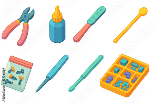3D Model Toolset Icons. Model Assembly Essentials flat isometric set: sprue cutter, modeling glue, shaping file, paint mixer stick, tiny screws pack, decal applicator tool,