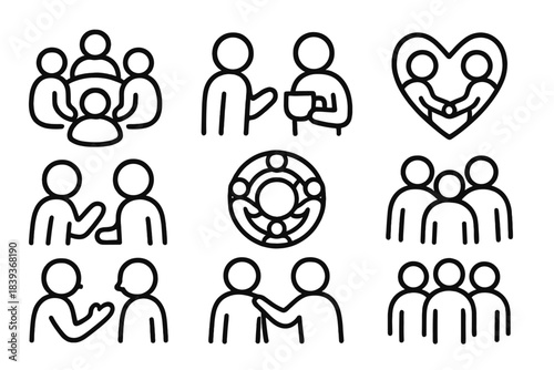 Social Harmony Icons. Human Social Harmony linear set: circle gathering, cheerful exchange, shared cup, comforting hand, symbolic heart link, friendly chat, unity emblem, group