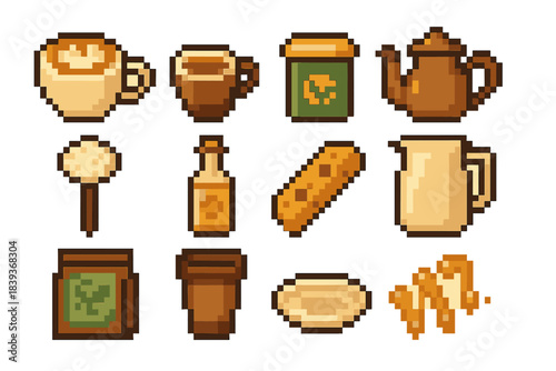 Comfort Café Icons. Comfort Café Sips pixel style set: cappuccino cup, espresso shot, tea tin, cocoa pot, foam whisk, flavor syrup bottle, biscotti piece, oat milk jug, loose-leaf