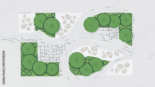 Schematic Landscape Architecture Site Plan Top View Illustration with Trees and Pathways