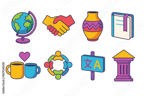 Cross-Cultural Icons. Cross-cultural interaction elements isometric flat set: globe icon, greeting gesture, cultural craft piece, travel notebook, shared tea cup, community circle,