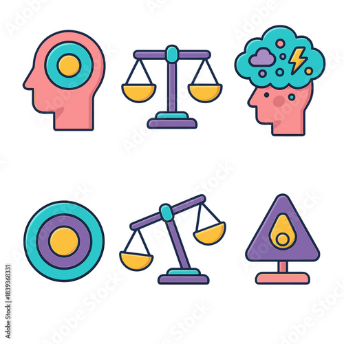 Balanced vs Unbalanced. Balanced vs Unbalanced Mindsets flat isometric set: centered mind icon, balanced scale, calm focus ring, scattered thoughts cloud, tilted scale, imbalance