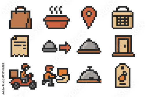 Pixel Art Food Delivery. Restaurant-to-Home Service pixel style set: delivery bag, steaming meal box, route pin, insulated container, order receipt, kitchen-to-door arrow, food