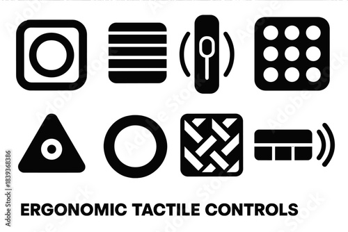 Brutalist Control Icons. Ergonomic tactile controls silhouette set: cushioned button, ribbed pad, guided-touch slider, tactile bump grid, pressure cue node, touch ring, patterned