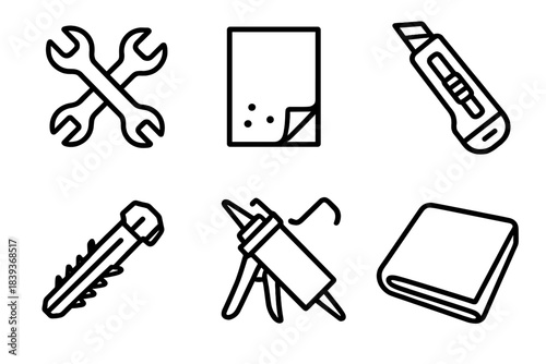 Home Repair Tools. Home Repair Fundamentals linear set: wrench pair, sandpaper sheet, utility knife, wall anchor, sealing caulk, repair cloth.