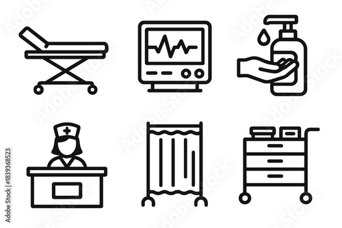 Healthcare Icons Set. Healthcare Facility Set linear set: exam table, vital signs screen, sanitizer bottle, nurse station, curtain divider, supply cart.
