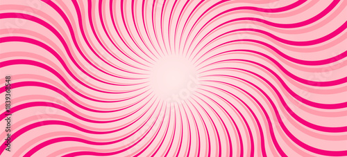 Candy color sunburst background. Abstract pink cream sunbeams design wallpaper. Colorful spinning lines for template, banner, poster, flyer. Sweet rotating cartoon swirl or whirlpool. Vector backdrop