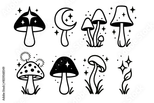 Mystical Fungi Icons. Mystical fungi collection linear set: star-glow mushroom, moon cap, enchanted cluster, shimmering stalk, dream-spore bloom, soft-halo fungus, curled cap,