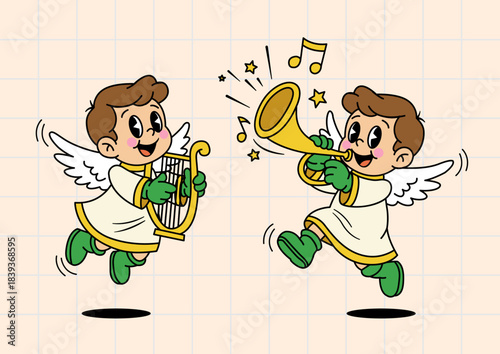 Cheerful Cartoon Angels Playing Music