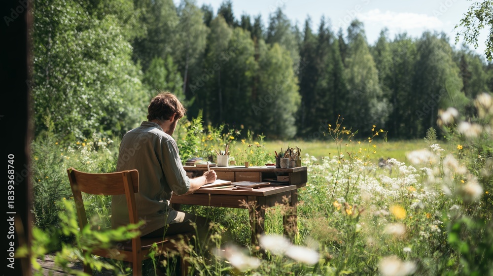 Fototapeta premium Man writes at a wooden table in a meadow surrounded by trees and flowers during the day