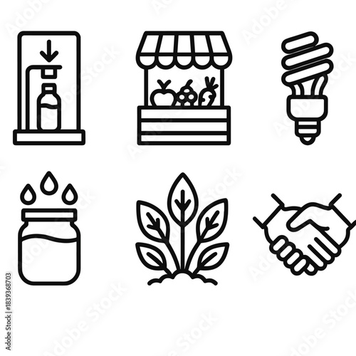 Sustainable Icons Overview. Sustainable Community Actions linear set: refill station, produce stand, energy-efficient bulb, rainwater jar, plant cluster, cooperation hands.