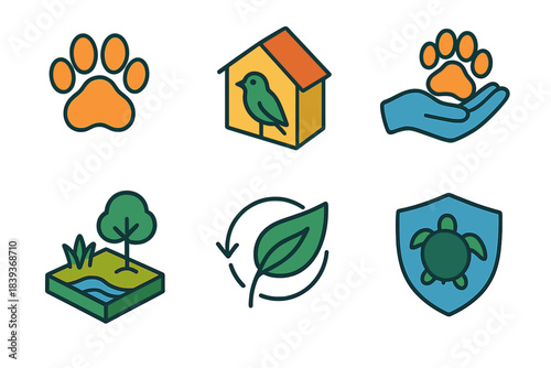 Wildlife Icon Set. Wildlife Stewardship isometric flat set: animal paw, refuge icon, support gesture, ecosystem patch, renewal leaf, protection symbol.
