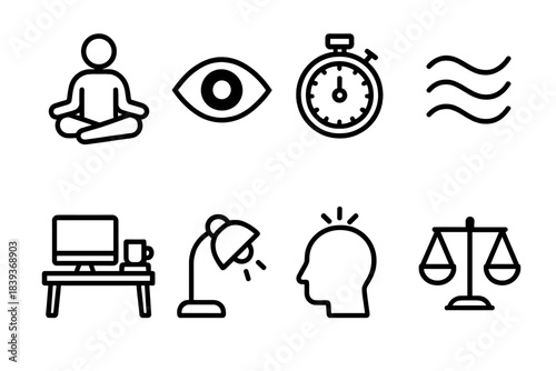 Mindful Icons Arrangement. Mindful Focus Routine linear set: meditation pose, focused eye icon, calm timer, breathing waves, tidy desk, soft light lamp, thought clarity spark,