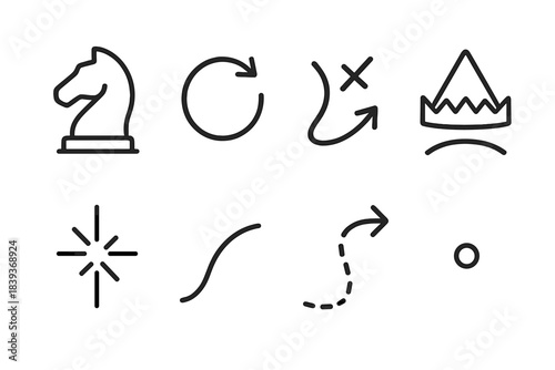 Strategic Icon Set. Strategic Cunning Elements linear set: chess knight, looping arrow, diversion line, trap marker, subtle spark, shadow curve, misdirection path, insight dot.