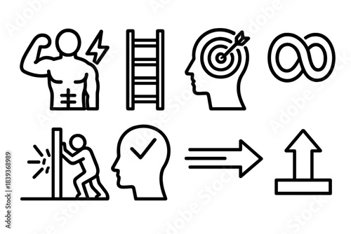 Strength and Perseverance Icons. Strength & Perseverance Toolkit linear set: determination emblem, resilience ladder, focused mind silhouette, continuous effort ring, barrier