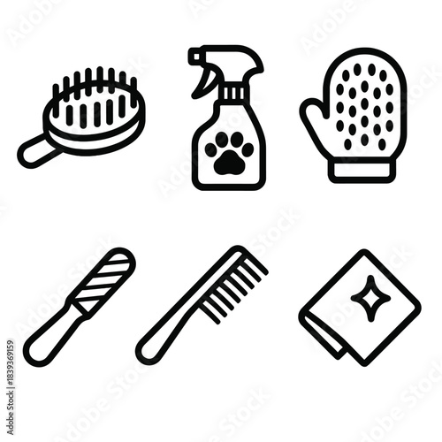 Pet Grooming Essentials. Pet Spa Tools linear set: bath brush, coat spritzer, drying mitt, nail file, grooming comb, clean cloth.