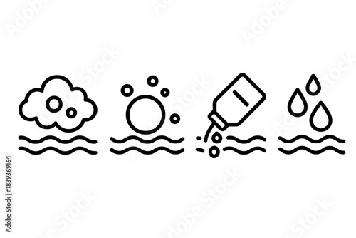 Marine Pollution Icons. Marine Pollution Fields linear set: chemical-haze node, suspended-particle arc, contaminant-flow bead.