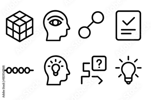Cognitive Enhancement Icons. Cognitive Enhancement Tools linear set: reasoning block, focus arc, conceptual link tile, recall card, planning bead, insight ripple, problem path,