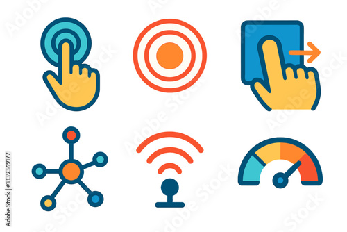 Touch Interaction Icons. Touch-Based Communication flat set: fingertip tap icon, haptic feedback ring, touch gesture tile, interaction path arrow, pressure sensor node, signal