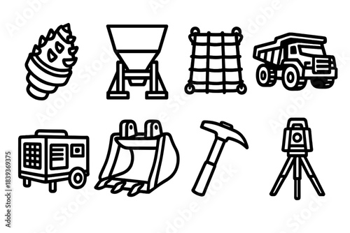 Mining Equipment Icons. Resource extraction equipment linear set: mining drill head, ore chute, blasting mat, rugged dump truck, site generator, reinforced bucket, rock hammer,