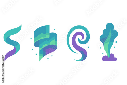 Auroral Energy Icons. Auroral Energy Flows flat set: polar-light ribbon, charged sky stream, ion swirl plume.