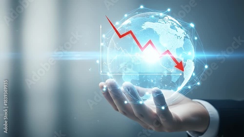 Man in Black Suit Holding Blue Digital Globe with Red Arrow Pointing Down Against a Blurred Gray Background