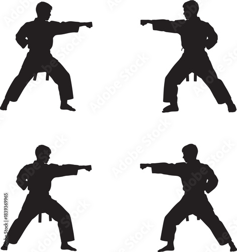 Four silhouettes of martial artists in karate poses demonstrating combat stances and punches