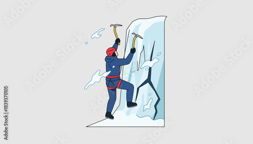 An ice climber scaling a frozen waterfall ice axes embedded firmly as snow swirls around them.