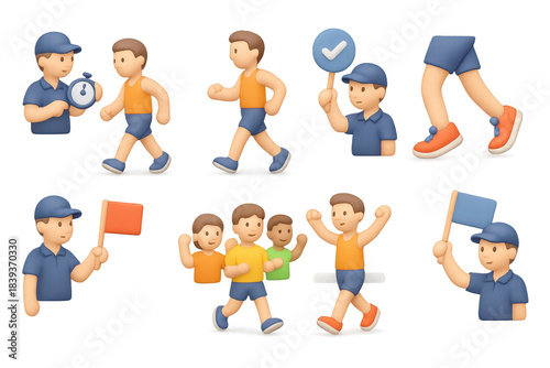 Race walking icon set with diverse characters for sports design and fitness apps