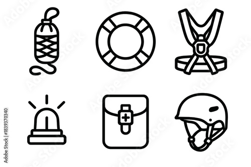 Rescue Gear Icons. Rescue Gear Set linear set: throw bag, buoy marker, safety harness, beacon light, medical pouch, sturdy helmet.