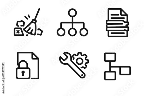 Digital Storage Icons. Digital Storage Hygiene linear set: clutter sweep, version control node, compacted file, encrypted container, maintenance gear, storage path.