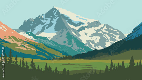 majestic mountain range landscape, vintage travel illustration featuring rugged peaks, scenic valleys, and natural vistas, perfect for adventure posters, travel-themed designs, retro postcards, 