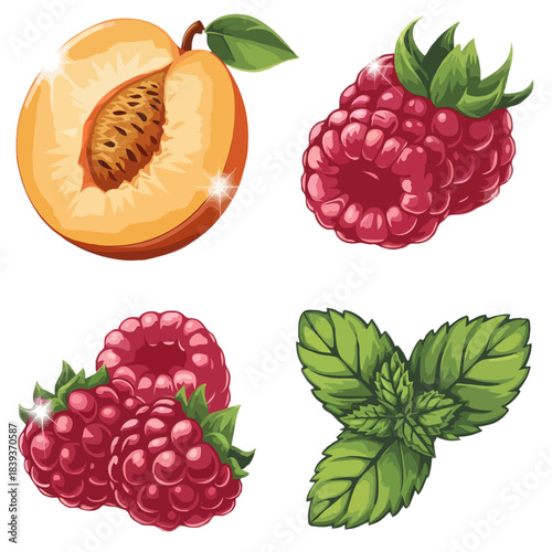A vibrant collection of fresh ripe raspberries a juicy sliced peach and green mint leaves isolated on white background