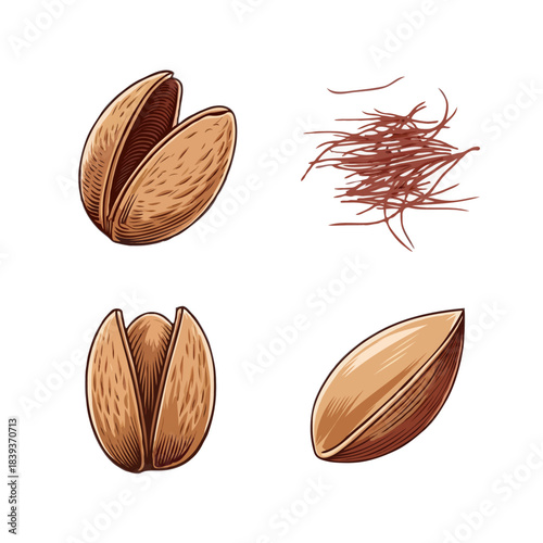Four hand drawn illustrations of pistachios and saffron threads isolated on white background