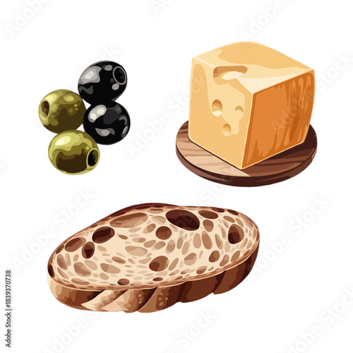 A rustic slice of sourdough bread a wedge of cheese and a small pile of olives isolated on white background