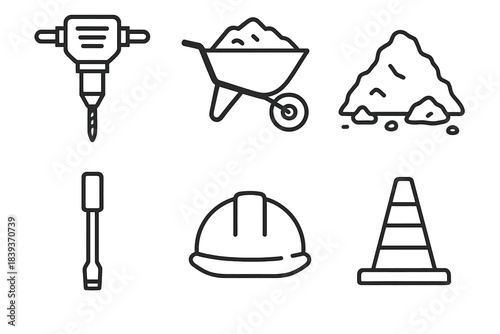 Construction Icons Set. Construction & Quarry Set linear set: hammer drill, wheelbarrow, rubble pile, chisel tool, hard hat, caution cone.
